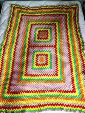 Handmade Crochet Afghan Boho Throw Blanket Colourful Granny Stripe 69” x 45”